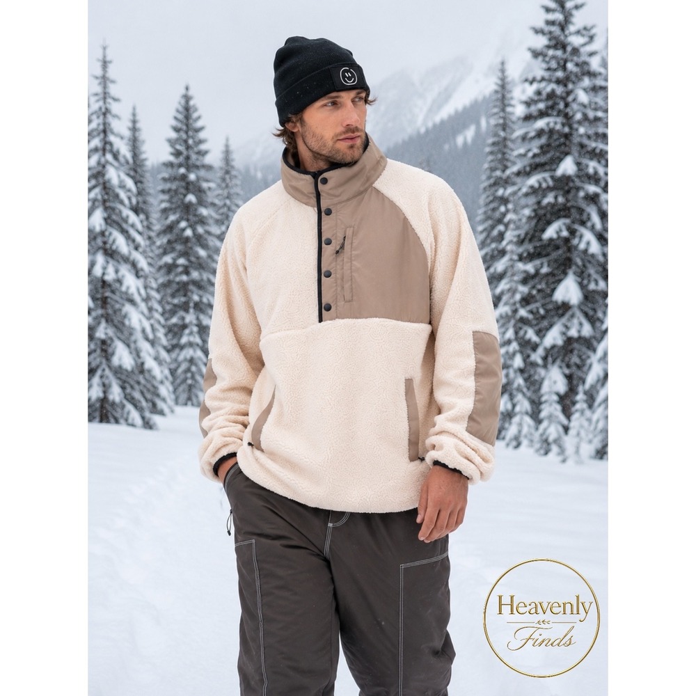 Snowverb Fleece Pullover Medium Off White Brown Sherpa Snap Mock Neck NWT Ski